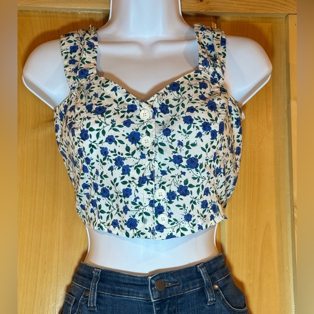 Bonjour Blue & White Gingham Camisole style cropped‎ top size M